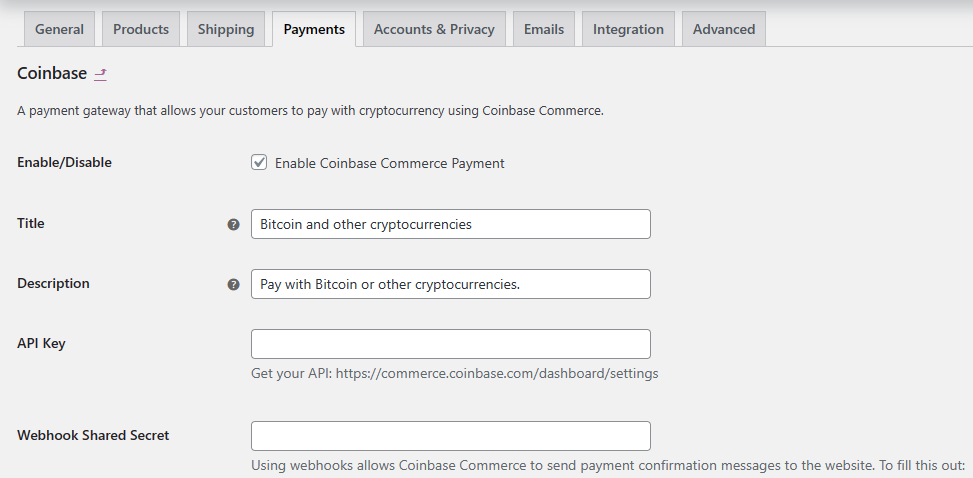 coinbase commerce settings